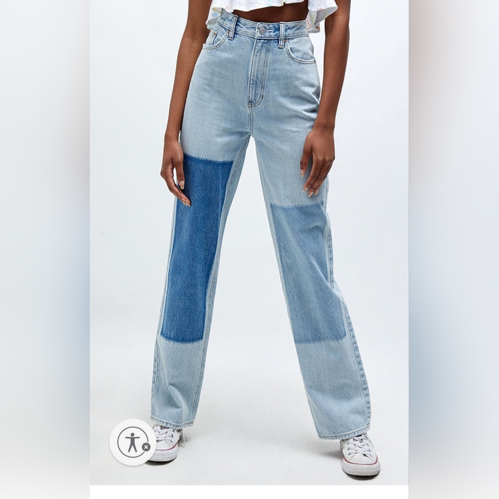 PacSun Eco Light Blue "Patches" 90's Boyfriend High Waist Straight Leg Size 22